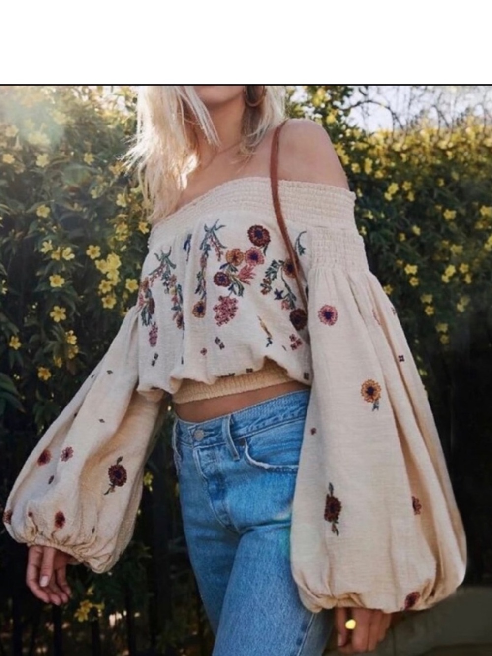 Free People LEILANI Cream Off-Shoulder Embroidered Crop Top NWT BELL SLEEVE SZ S - Picture 1 of 8